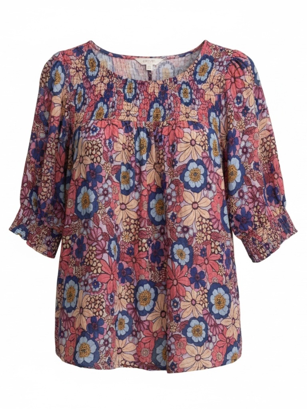 Terra & Sky Pink Blue Floral Smocked Yoke Blouse